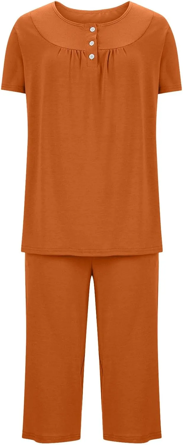 HGps8w Women's Capris Pajama Sets Short Sleeve Button Up Pleated Tunic Sleepwear Soft Pjs Bottom Loose Lounge Sets