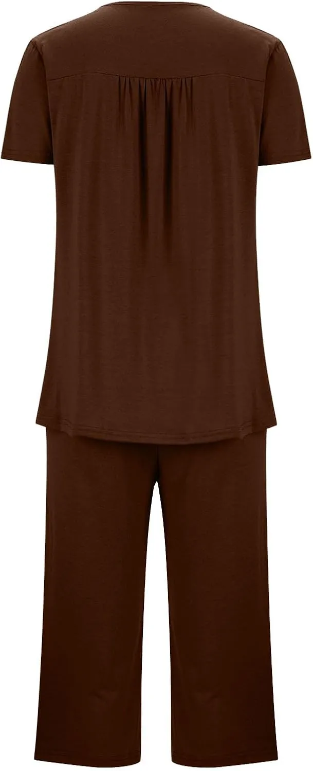 HGps8w Women's Capris Pajama Sets Short Sleeve Button Up Pleated Tunic Sleepwear Soft Pjs Bottom Loose Lounge Sets