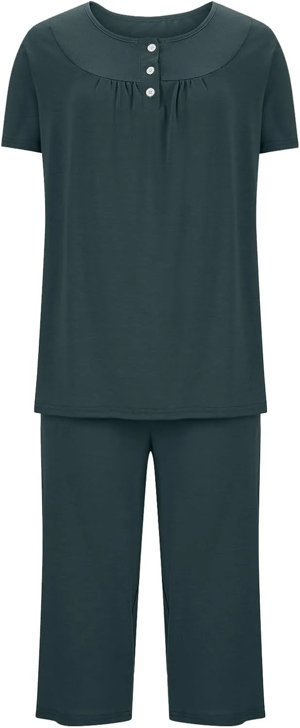 HGps8w Women's Capris Pajama Sets Short Sleeve Button Up Pleated Tunic Sleepwear Soft Pjs Bottom Loose Lounge Sets