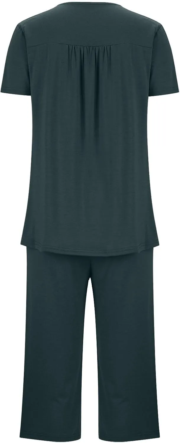 HGps8w Women's Capris Pajama Sets Short Sleeve Button Up Pleated Tunic Sleepwear Soft Pjs Bottom Loose Lounge Sets
