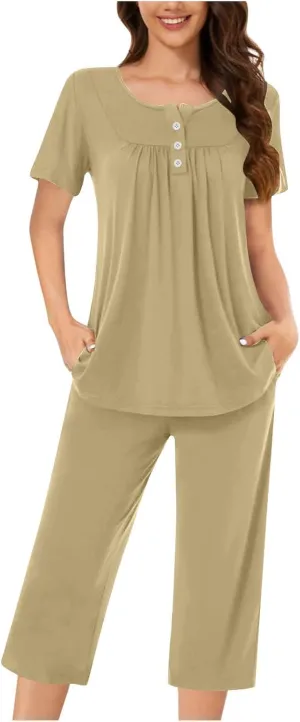 HGps8w Women's Capris Pajama Sets Short Sleeve Button Up Pleated Tunic Sleepwear Soft Pjs Bottom Loose Lounge Sets