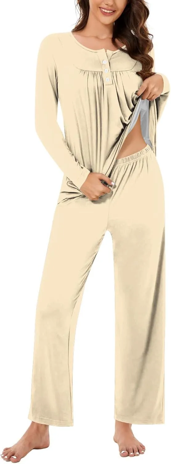 HGps8w Womens Long Sleeve Pajamas Sets Button Up Pleated Crewneck Sleepwear Tops & Long Pants Soft 2PC Lounge Outfits