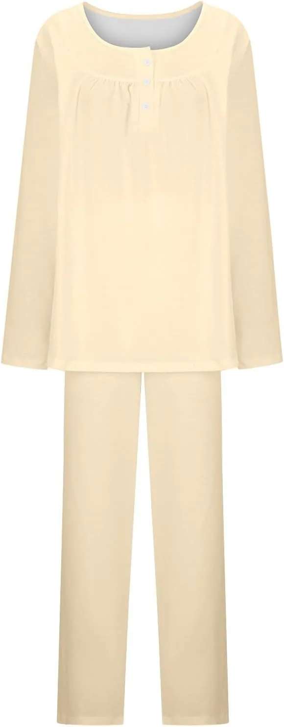 HGps8w Womens Long Sleeve Pajamas Sets Button Up Pleated Crewneck Sleepwear Tops & Long Pants Soft 2PC Lounge Outfits