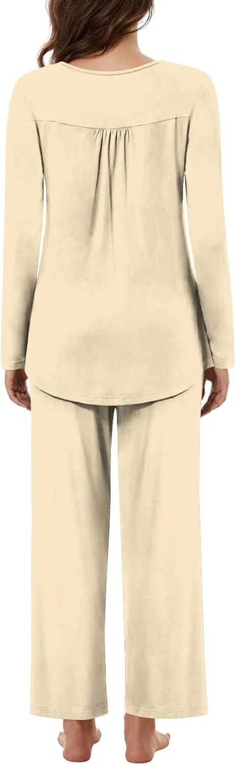 HGps8w Womens Long Sleeve Pajamas Sets Button Up Pleated Crewneck Sleepwear Tops & Long Pants Soft 2PC Lounge Outfits