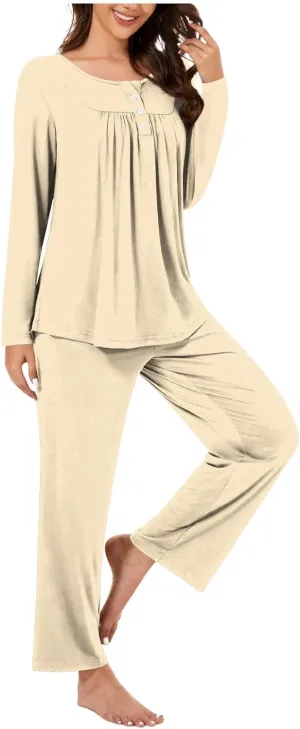 HGps8w Womens Long Sleeve Pajamas Sets Button Up Pleated Crewneck Sleepwear Tops & Long Pants Soft 2PC Lounge Outfits