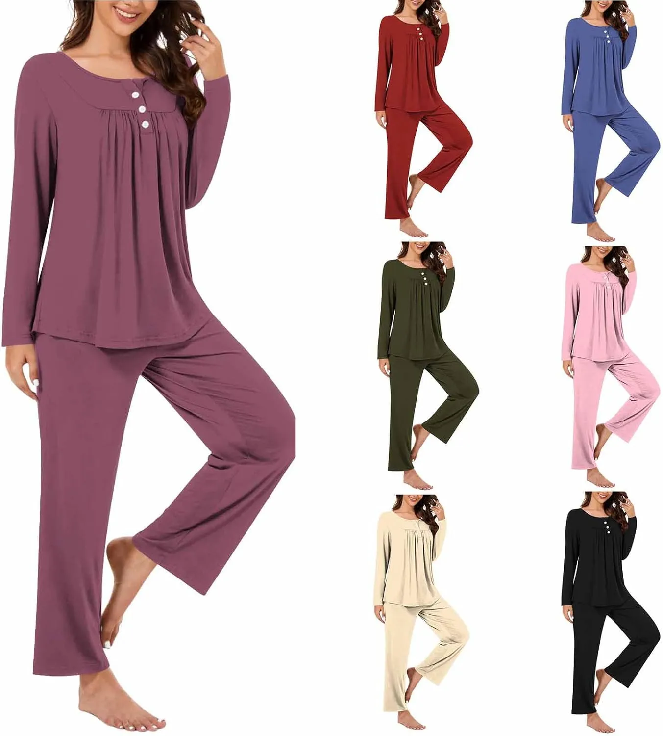 HGps8w Womens Long Sleeve Pajamas Sets Button Up Pleated Crewneck Sleepwear Tops & Long Pants Soft 2PC Lounge Outfits