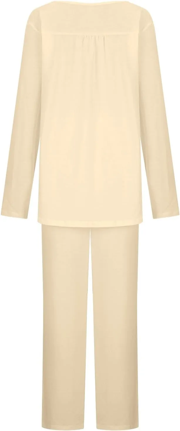 HGps8w Womens Long Sleeve Pajamas Sets Button Up Pleated Crewneck Sleepwear Tops & Long Pants Soft 2PC Lounge Outfits