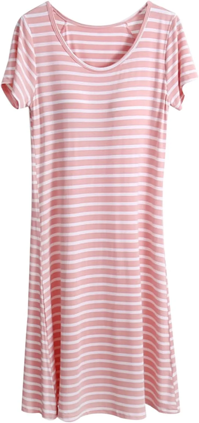 HGps8w Women's Nightgown with Built in Shelf Bra Soft Cotton Sleepwear Comfy Short Sleeve Loungewear Loose Nightshirts Dress