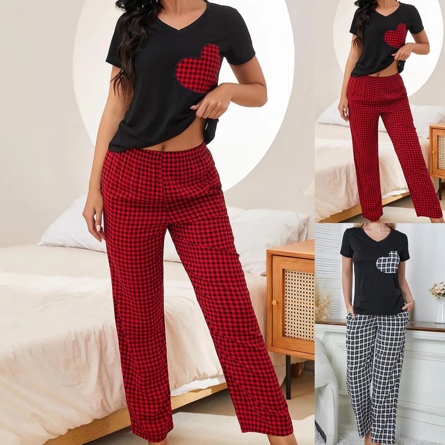 HGps8w Women's Pajama Sets Heart Print Short Sleeve Top and Plaid Pants 2 Piece Pjs Lounge Set Soft Sleepwear