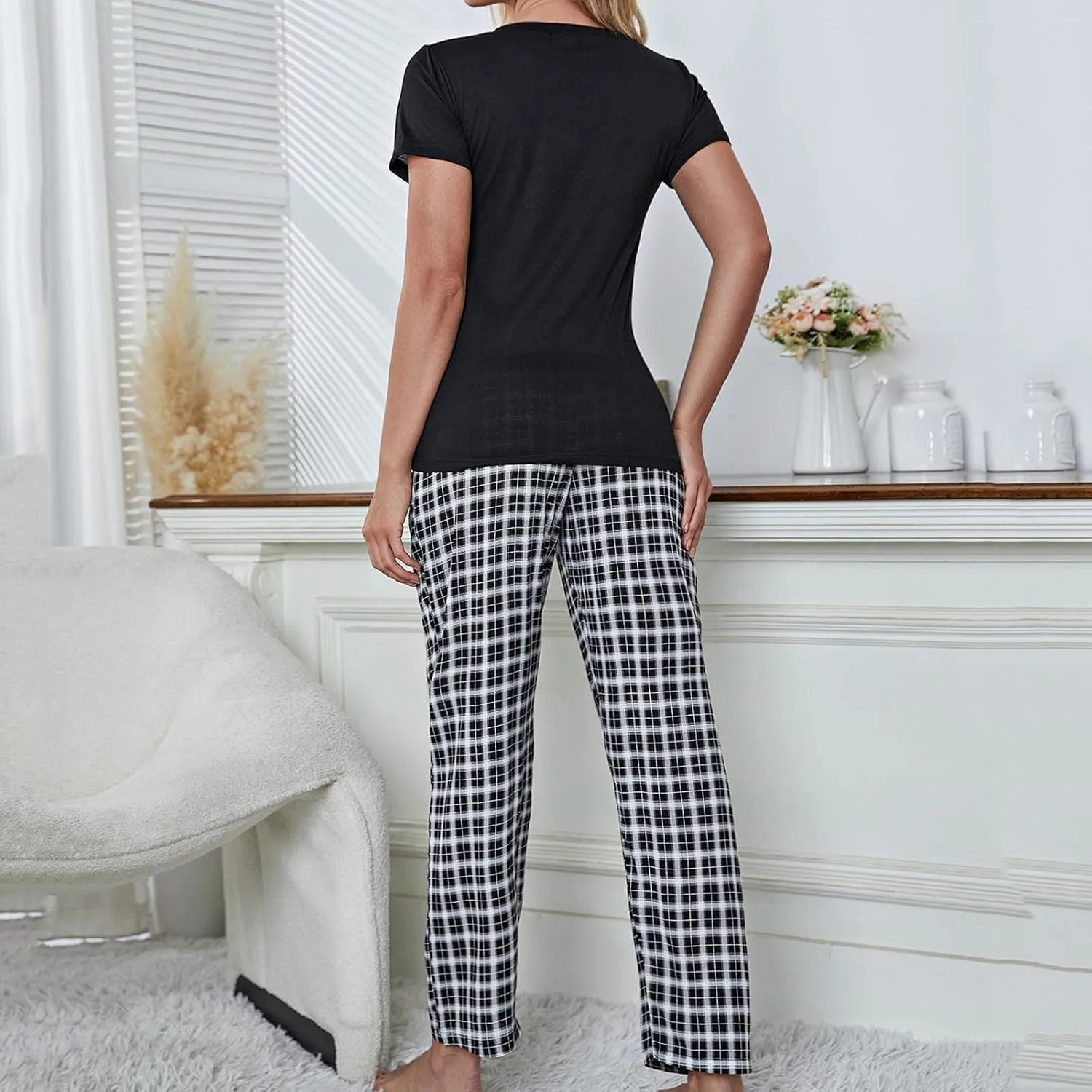 HGps8w Women's Pajama Sets Heart Print Short Sleeve Top and Plaid Pants 2 Piece Pjs Lounge Set Soft Sleepwear