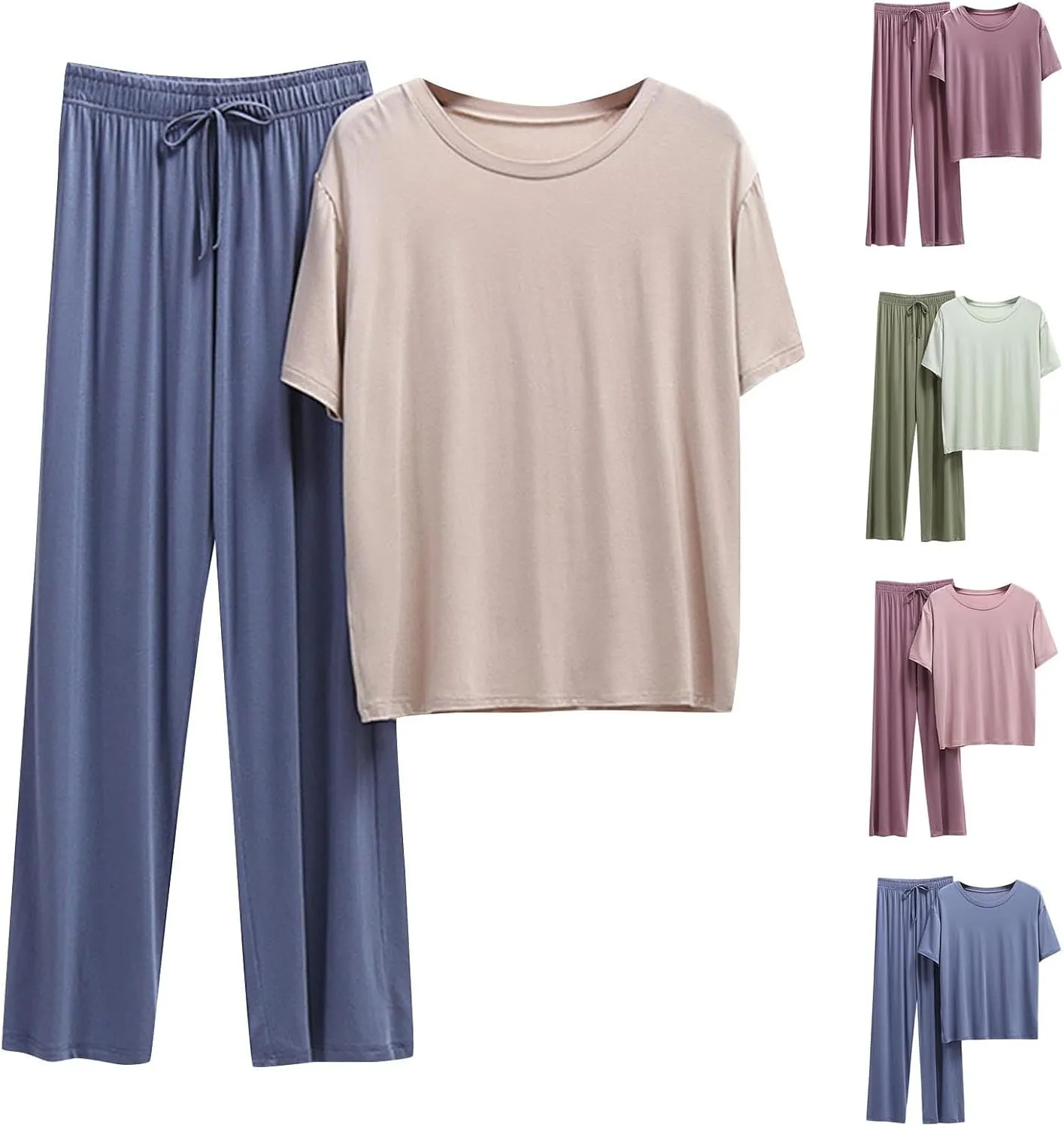 HGps8w Women's Soft Modal Pajama Sets Loose Crewneck Short Sleeve Sleepwear Drawstring Elastic Waist Pjs Bottom Lounge Sets