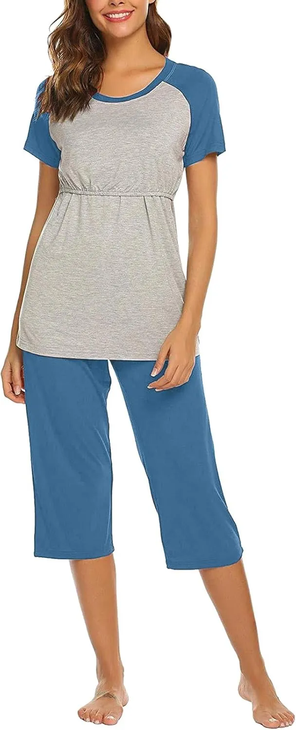 HGps8w Women's Summer Short Sleeve Pajamas Color Block Breastfeeding Nursing Top Capri Pants Sleepwear Soft Pjs Lounge Sets