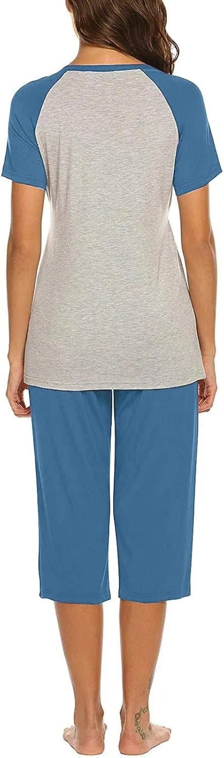 HGps8w Women's Summer Short Sleeve Pajamas Color Block Breastfeeding Nursing Top Capri Pants Sleepwear Soft Pjs Lounge Sets
