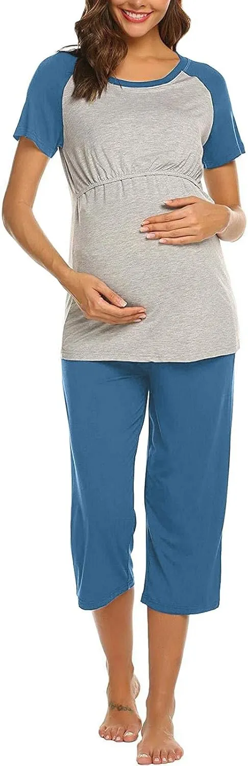 HGps8w Women's Summer Short Sleeve Pajamas Color Block Breastfeeding Nursing Top Capri Pants Sleepwear Soft Pjs Lounge Sets