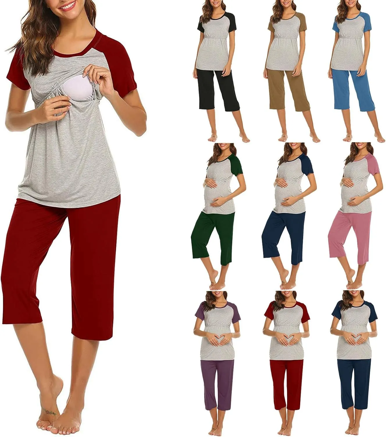 HGps8w Women's Summer Short Sleeve Pajamas Color Block Breastfeeding Nursing Top Capri Pants Sleepwear Soft Pjs Lounge Sets