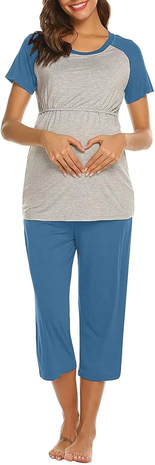 HGps8w Women's Summer Short Sleeve Pajamas Color Block Breastfeeding Nursing Top Capri Pants Sleepwear Soft Pjs Lounge Sets