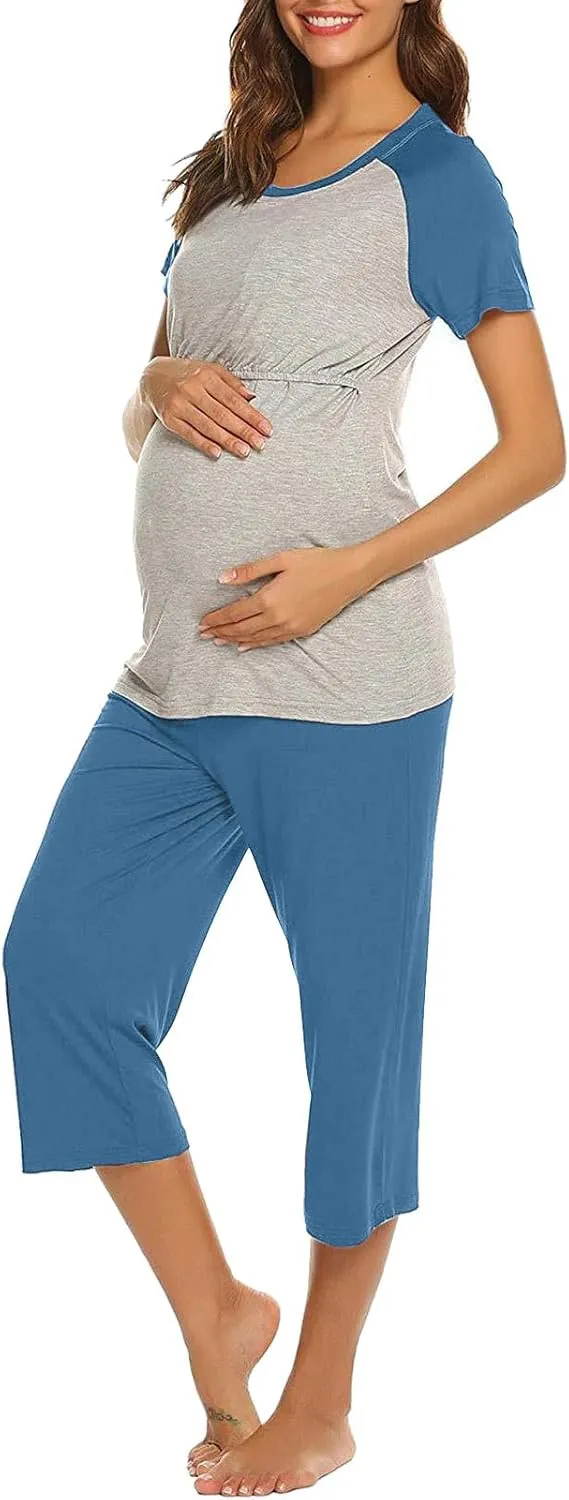 HGps8w Women's Summer Short Sleeve Pajamas Color Block Breastfeeding Nursing Top Capri Pants Sleepwear Soft Pjs Lounge Sets