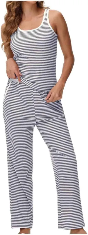 HGps8w Women's Summer Striped Pajamas Sets Casual Sleeveless Soft Ribbed Knit Sleepwear Comfy Pjs Pants 2pcs Lounge Set