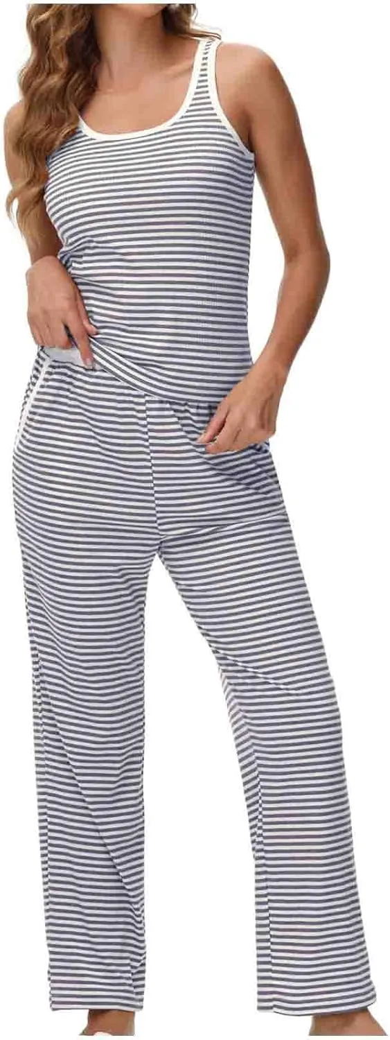 HGps8w Women's Summer Striped Pajamas Sets Casual Sleeveless Soft Ribbed Knit Sleepwear Comfy Pjs Pants 2pcs Lounge Set