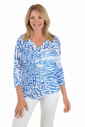 Blue Leopard Sequined Surplice Knit Top WideNeckOpening