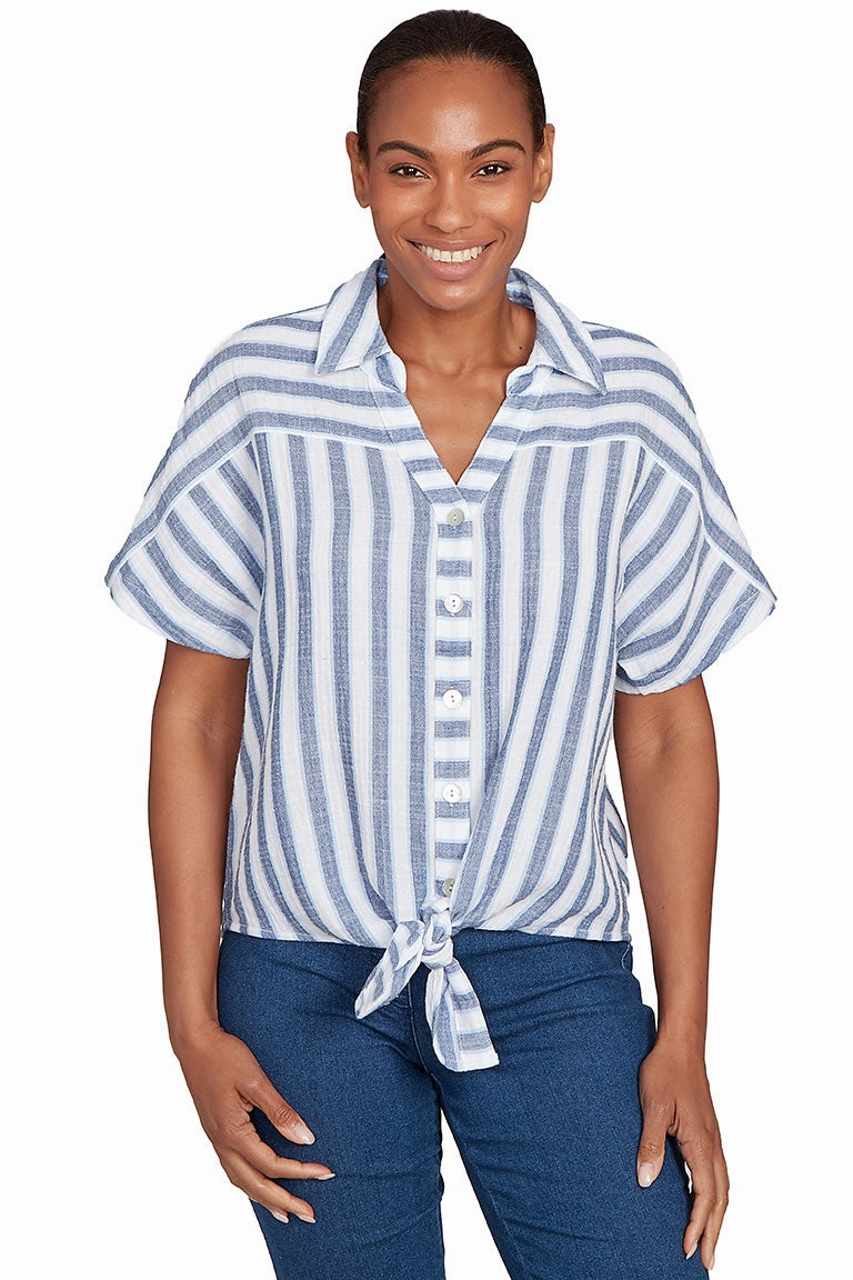 Cozy Knit ContouredPanels Stripe Right Gauze Short Sleeve Shirt