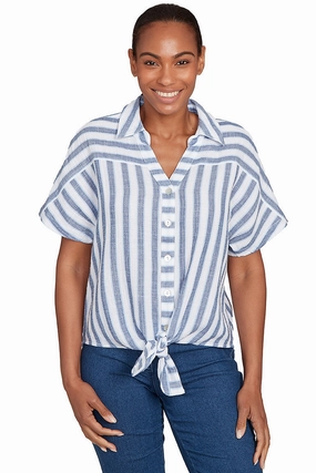 Stripe Right Gauze Short Sleeve Shirt High Thread Count Cotton HiddenZipper