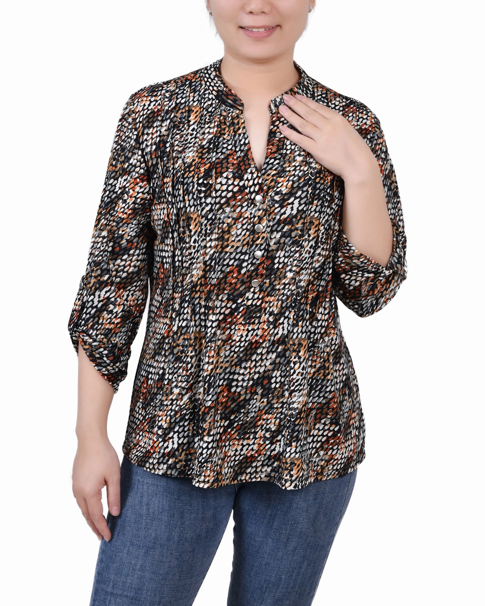 Soft Pullover Petite 3/4 Sleeve Roll Tab Y Neck Pullover Top