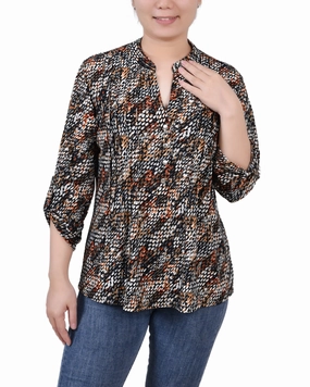 Soft Pullover Petite 3/4 Sleeve Roll Tab Y Neck Pullover Top