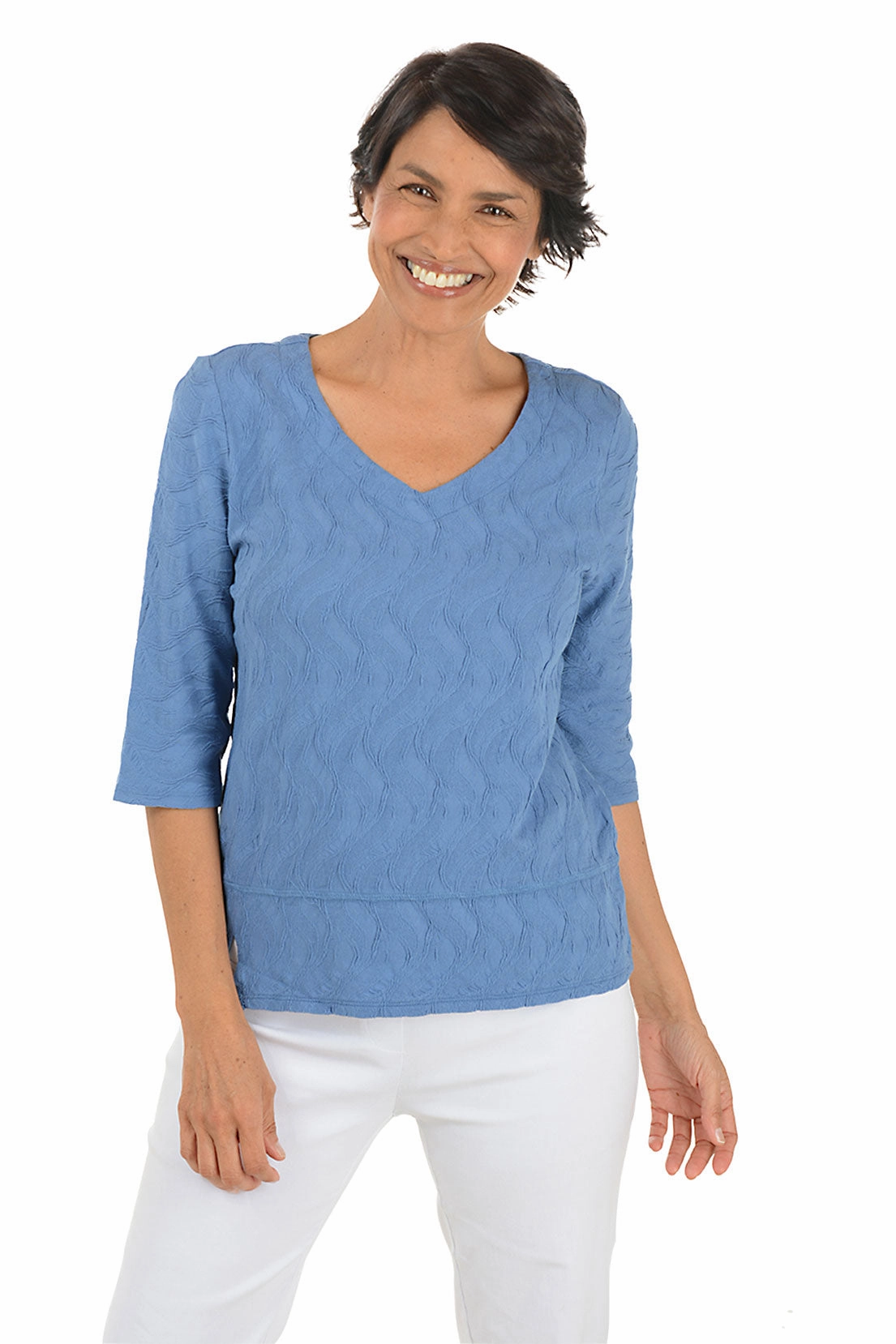 Rippled Waves Elbow Sleeve Top Stretchable Waistband
