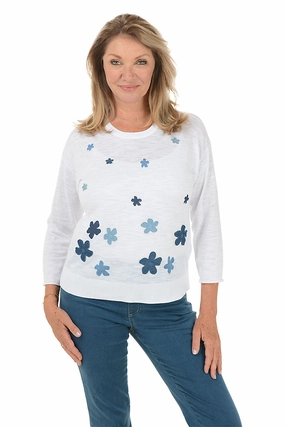 Denim Flower Applique Sweater Wrinkle Free Texture