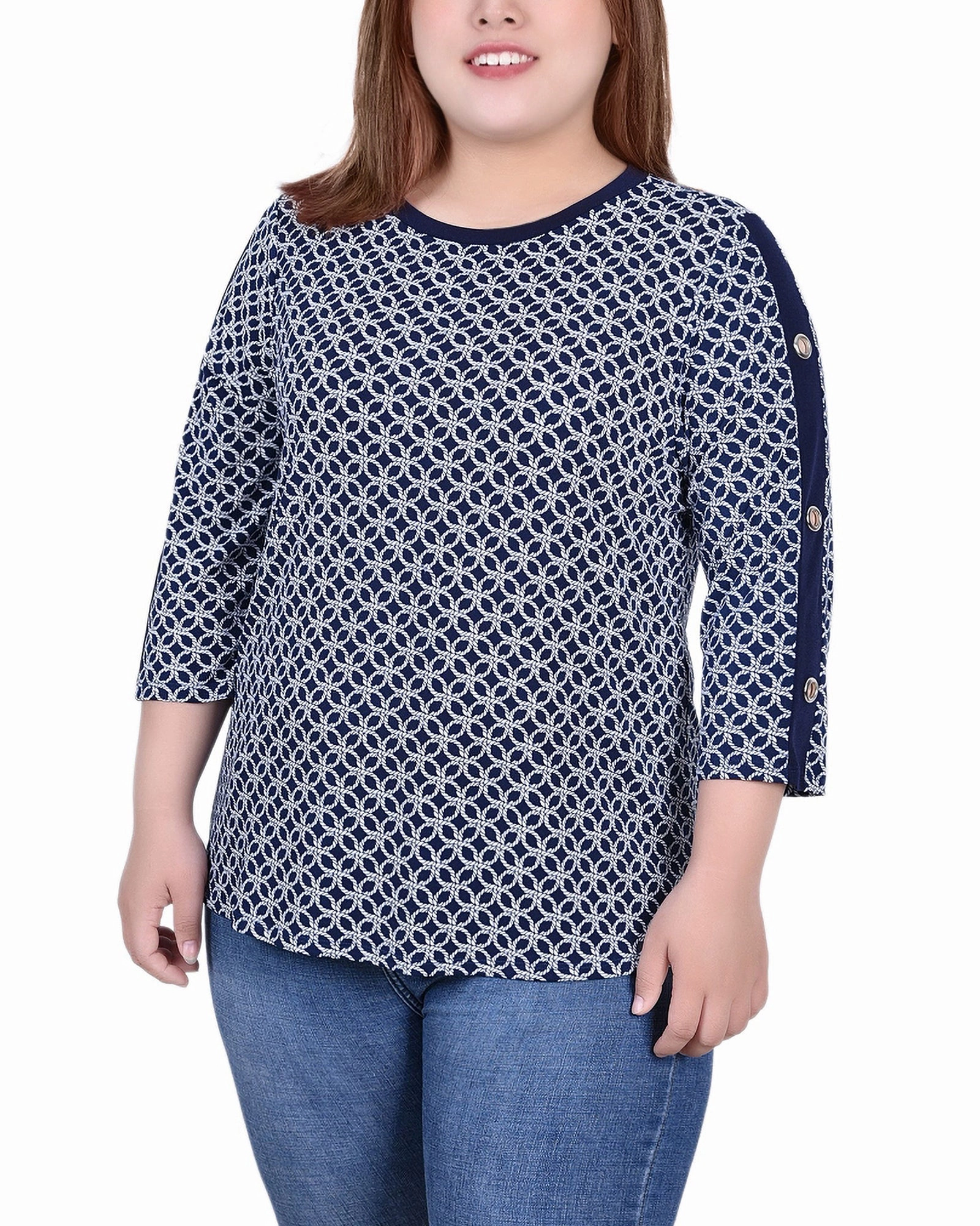 Plus Size 3/4 Sleeve Top With Combo Bands and Grommets FadeResistant Finish