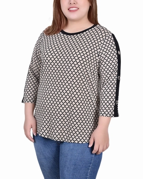 LightweightWeave Plus Size 3/4 Sleeve Top With Combo Bands and Grommets