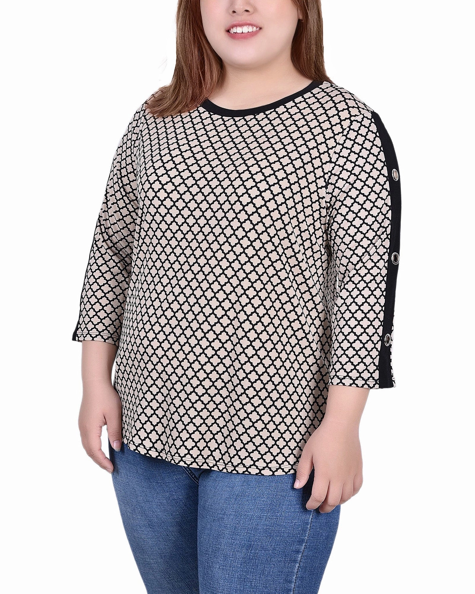 LightweightWeave Plus Size 3/4 Sleeve Top With Combo Bands and Grommets