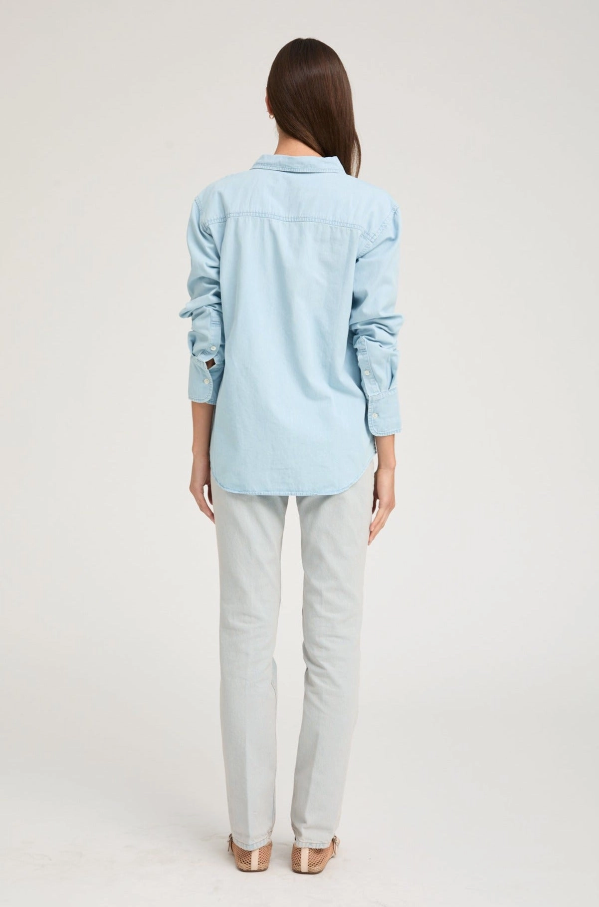 Light Blue Chambray Button Down ZipClosure Relaxed Top
