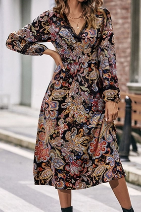 WOMEN LACE TRIM V NECK LONG SLEEVE BOHO DRESS Bow-Detail Office Shape