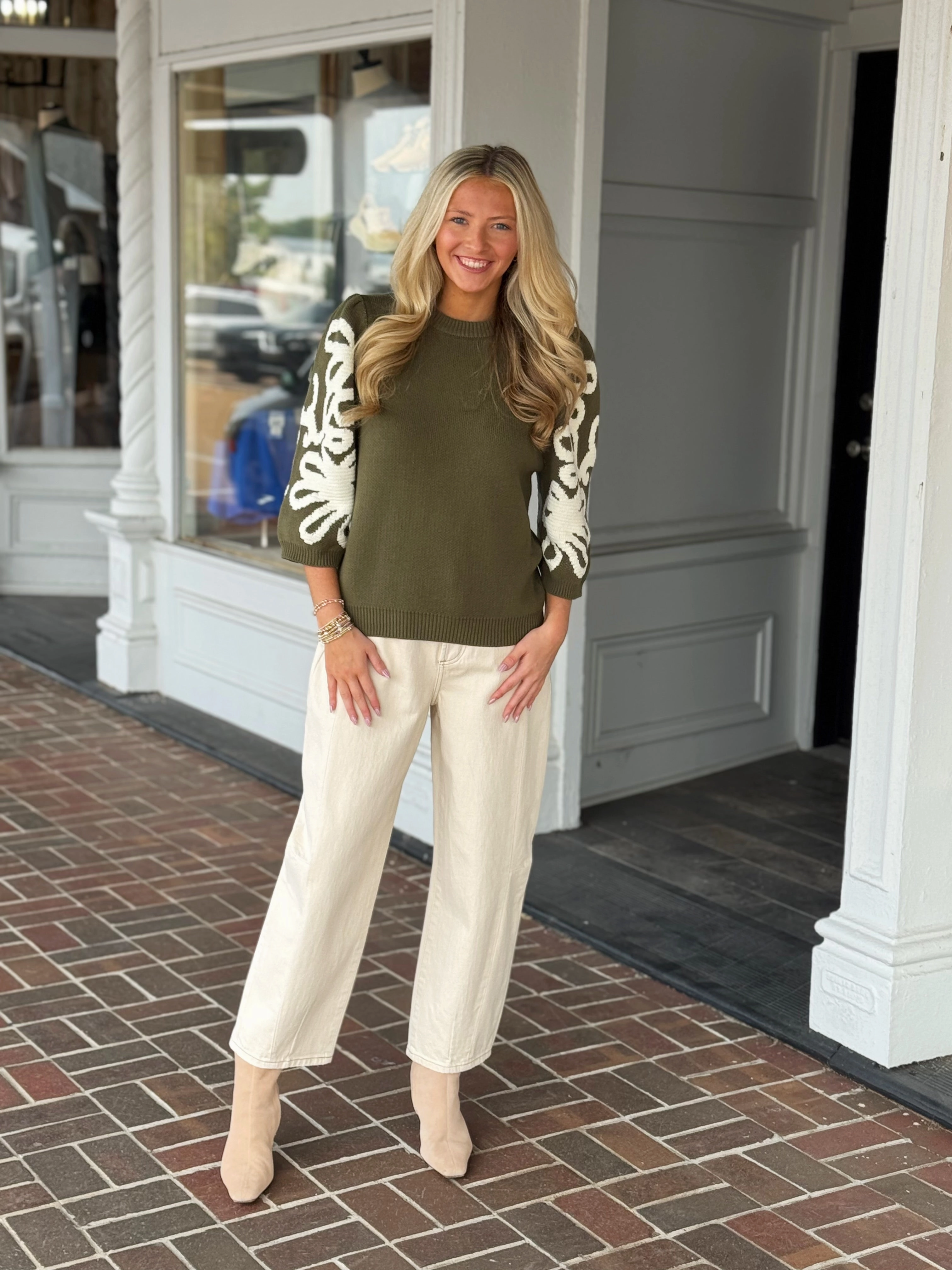 OdorResistant Embroidered Sleeve Knit Sweater