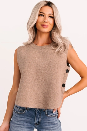 Classic Crew Neck Thermoregulating Fabric Inner Calm Sleeveless Knit Sweater (Mocha Mousse)