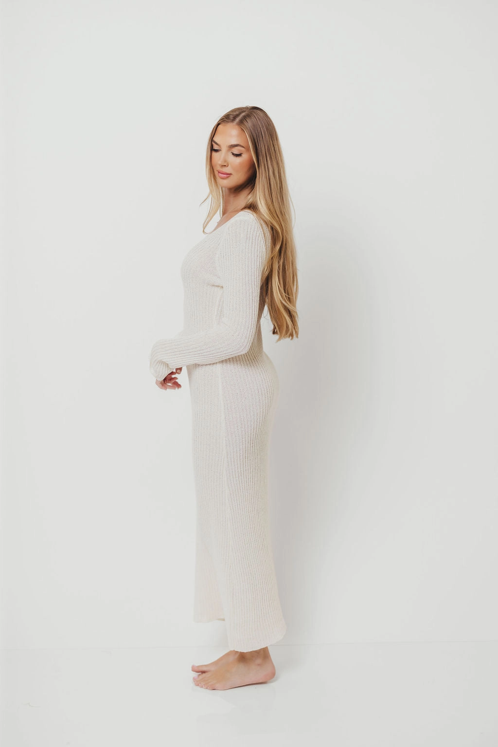Comfortable Layer Joline Textured Rib Knit Sweater Maxi Dress in Off-White