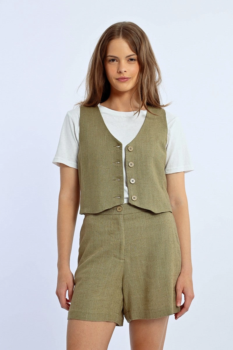 High Waisted Linen Shorts in Khaki Casual Style