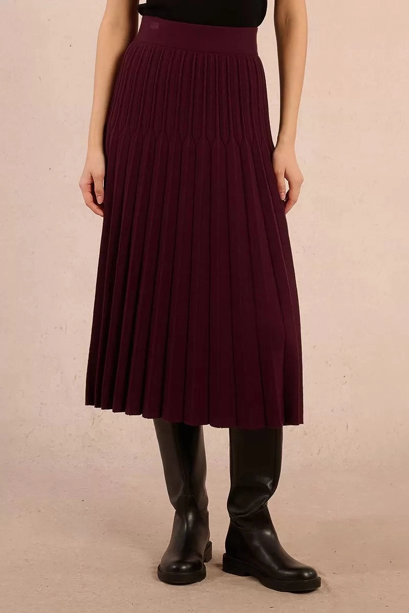 High Waisted Pleated Midi Skirt in Dark Red Maxi length Statement Color
