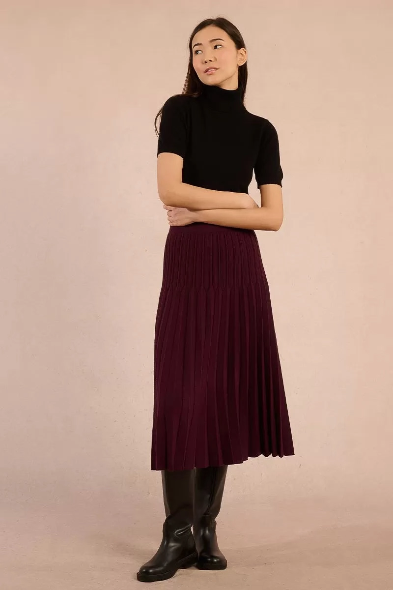 Weighted Hem High Waisted Pleated Midi Skirt in Dark Red
