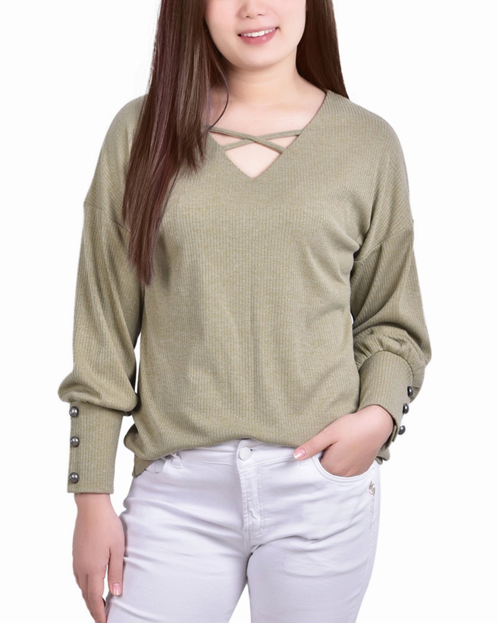 Adaptive Temperature Control AntiPilling Technology Petite Long Sleeve Criss Cross Neck Pullover Top