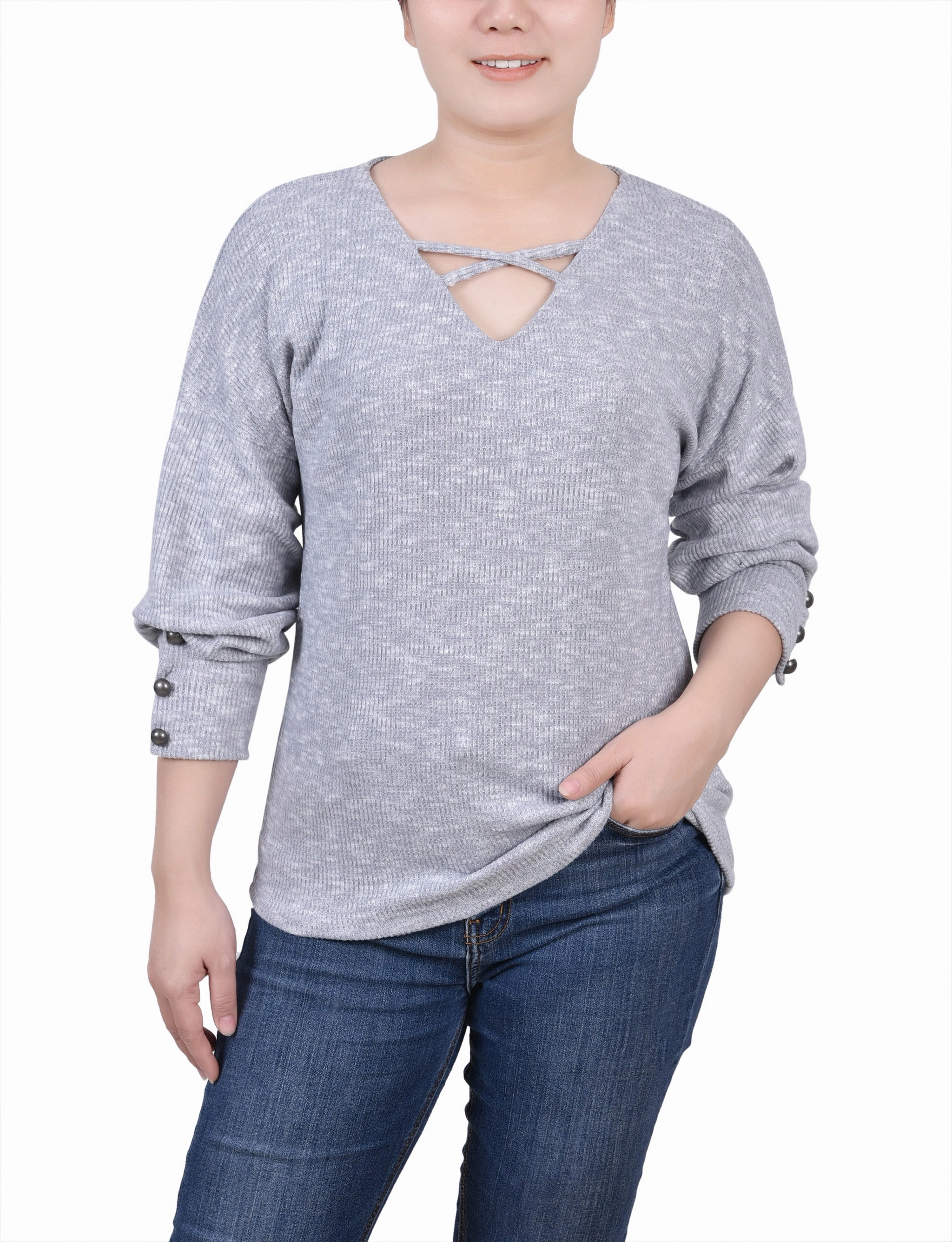 Petite Long Sleeve Criss Cross Neck Pullover Top Antistatic