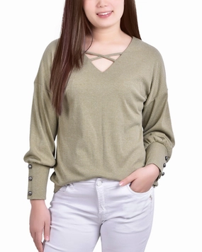 Adaptive Temperature Control AntiPilling Technology Petite Long Sleeve Criss Cross Neck Pullover Top