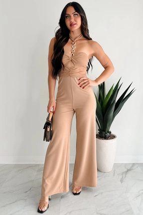 MinimalistAesthetic Fade Resistant Coating Sheer Ferocity Chain Strap Cutout Jumpsuit (Taupe)