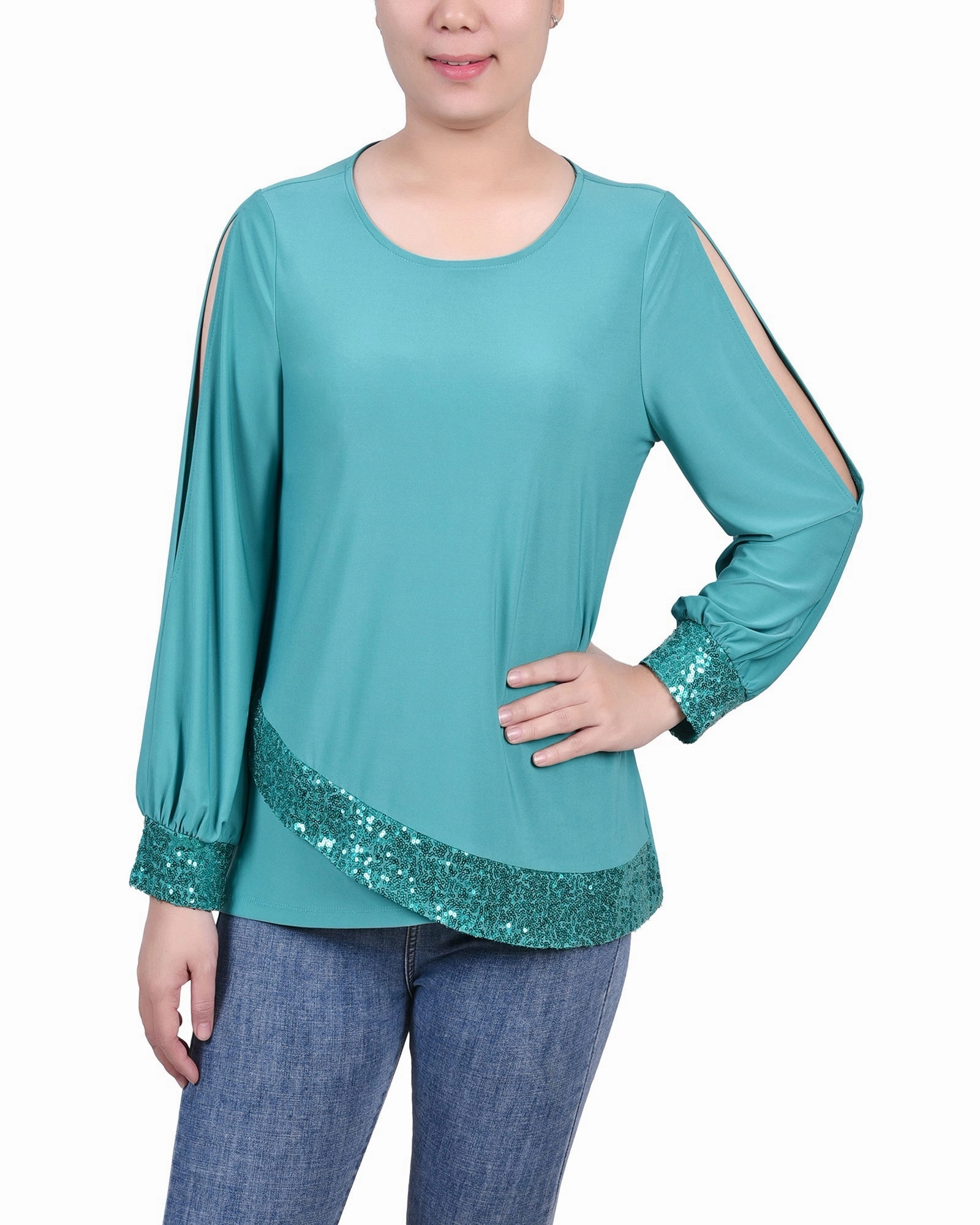 DropShoulder Yarn Dyed Stripes Long Sleeve Knit Top With Sequin Trim