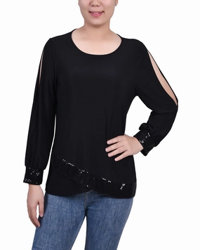 Seamless Knit Design Formal Shirt Long Sleeve Knit Top With Sequin Trim