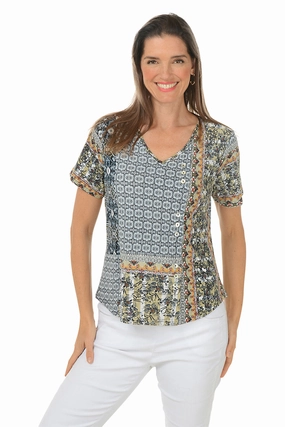 Hilary Offset Button Front Pocket Tee Antimicrobial Treatment Tailored Seams