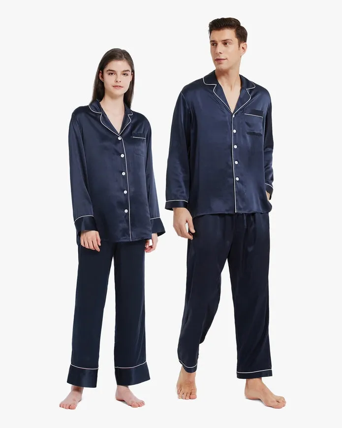 His & Hers Piped Silk Pajamas Navy Blue
