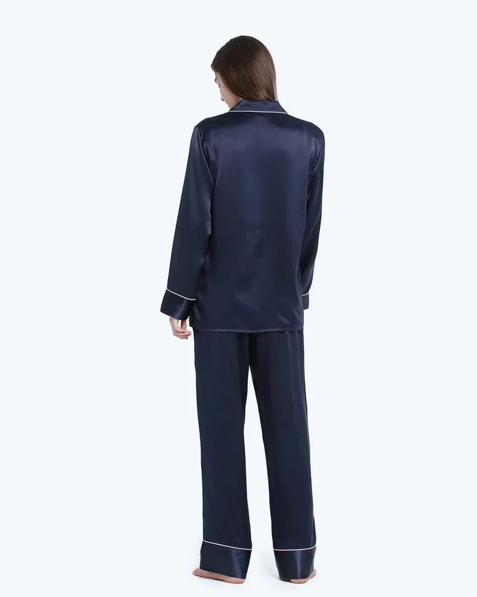 His & Hers Piped Silk Pajamas Navy Blue
